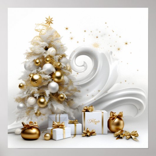 抽象芸術の白いクリスマスツリーと金ゴールドアクセント ポスター (正面)