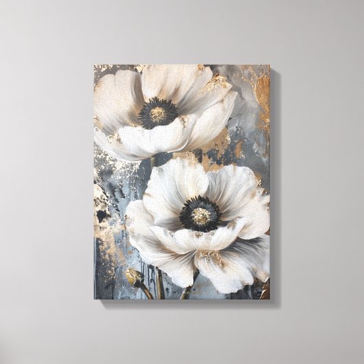 抽象芸術の白い花は金色で灰色 キャンバスプリント (正面)