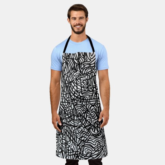 抽象芸術の白黒の線パターン エプロン (着用した状態)