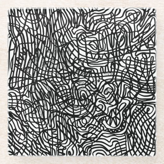 抽象芸術の白黒の線パターン ガラスコースター (正面)