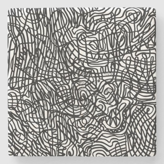 抽象芸術の白黒の線パターン ストーンコースター (正面)