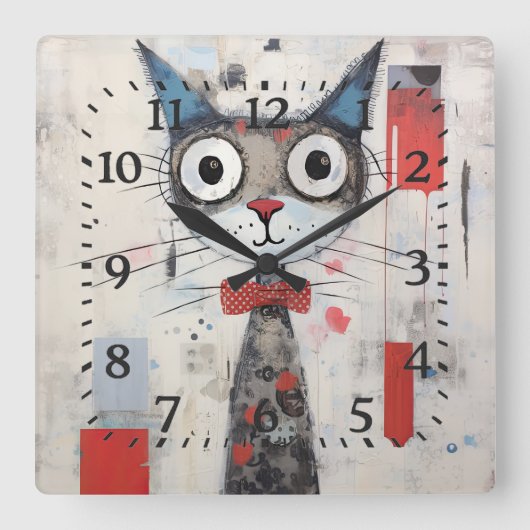 抽象芸術の目のカラフル広い猫 スクエア壁時計 (正面)