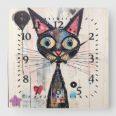 抽象芸術の目のカラフル広い猫 スクエア壁時計 (正面)