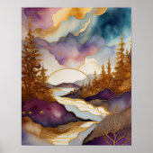 抽象芸術の絵画金ゴールドブルーパープル ポスター (正面)