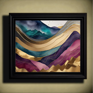 抽象芸術の絵画金ゴールド紫の青 ポスター