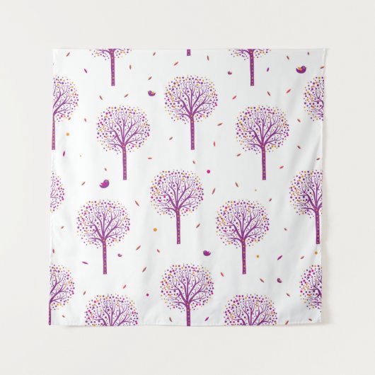 抽象芸術の継ぎ目のない模様で、白い背中に木が生えている タペストリー (正面)