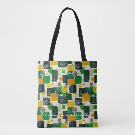 抽象芸術の緑と黄色の正方形と黒 トートバッグ (正面)