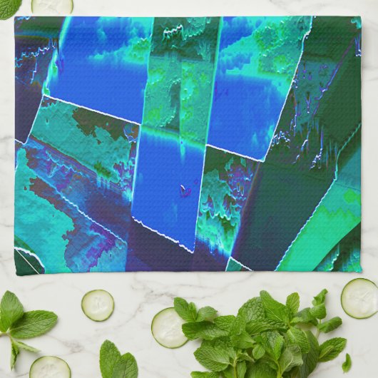 抽象芸術の緑の牧草地の部分と青い空、切り込み キッチンタオル (折り畳み)