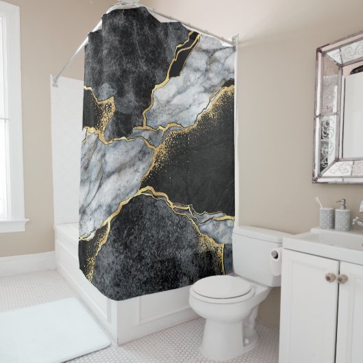 抽象芸術の背景、黒と白の大理石モザイク シャワーカーテン (インサイチュ)