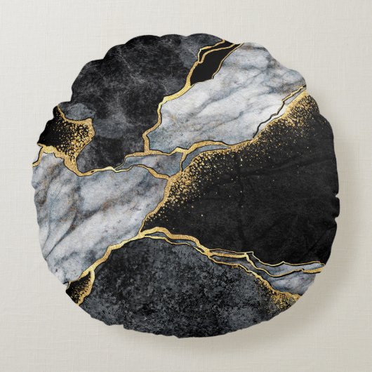 抽象芸術の背景(黒と白の大理石モザイク) ラウンドクッション (正面)