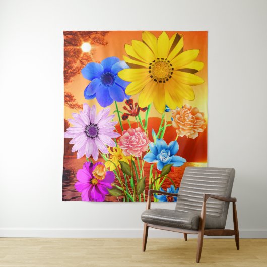 抽象芸術の花と夕日 – 花カラフル咲 タペストリー (インサイチュ)