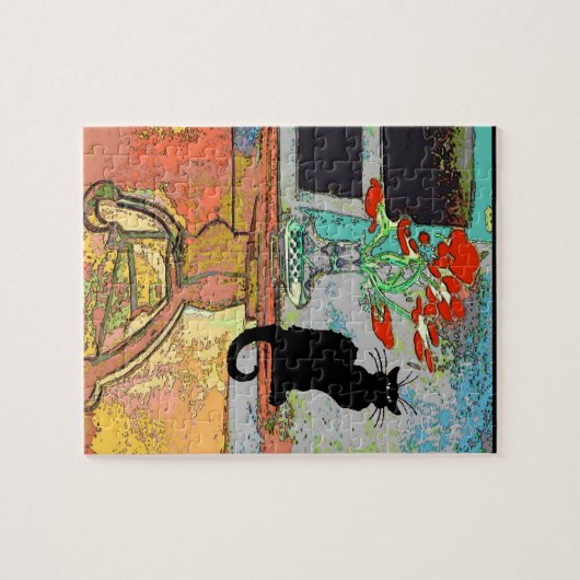 抽象芸術の花と猫 ジグソーパズル (横)