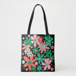 抽象芸術の花は緑、珊瑚、ピンクのトート。 トートバッグ