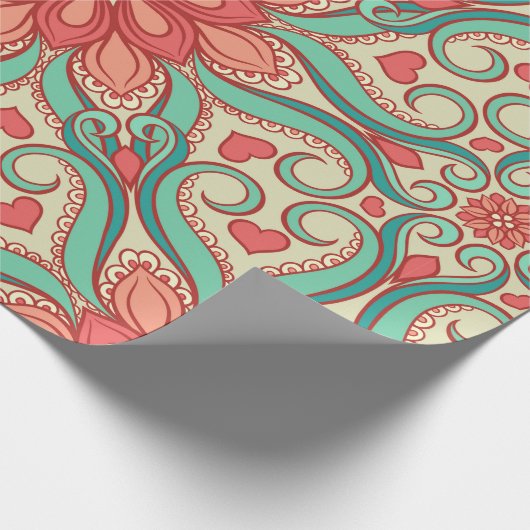 抽象芸術の花柄で、明るいグレーにハートが付いている ラッピングペーパー (角)