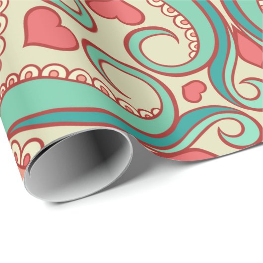 抽象芸術の花柄で、明るいグレーにハートが付いている ラッピングペーパー (ロールコーナー)