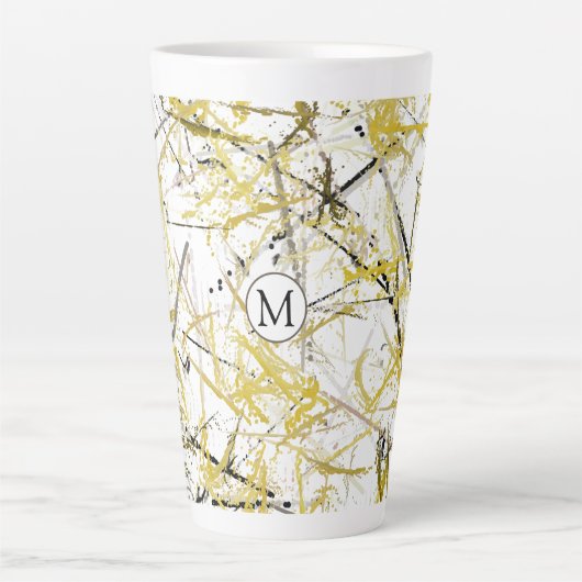 抽象芸術の落書き – マスタードとブラウン カフェラテマグ (正面)