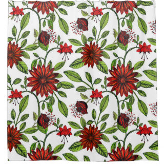 抽象芸術の赤い花と緑葉のを白い背面に シャワーカーテン