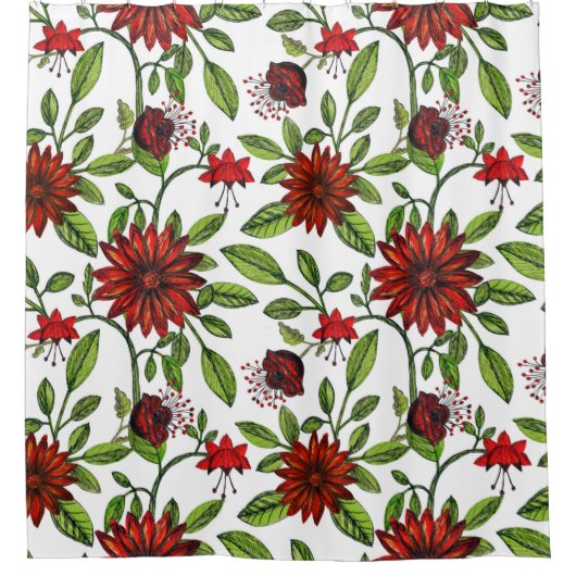 抽象芸術の赤い花と緑葉のを白い背面に シャワーカーテン (正面)