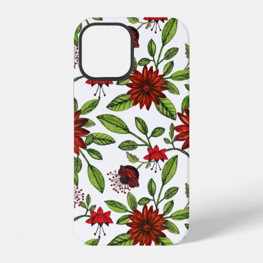 抽象芸術の赤い花と緑葉のを白い背面に iPhoneケース (裏面)