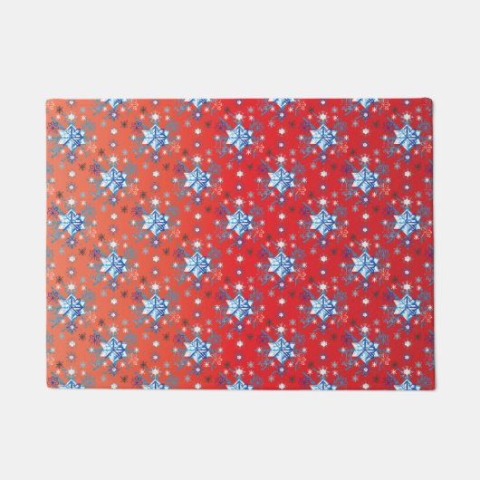 抽象芸術の赤と青のクリスマスの雪 ドアマット (正面)