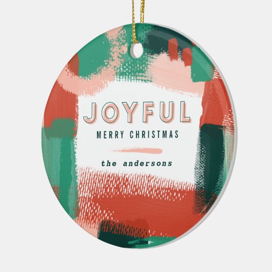 抽象芸術の赤、ピンク、緑の幸せな写真 セラミックオーナメント (左)