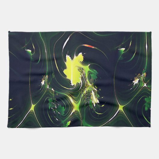 抽象芸術の金属の葉は派手な痕跡を持ち、暗い上に キッチンタオル (横)