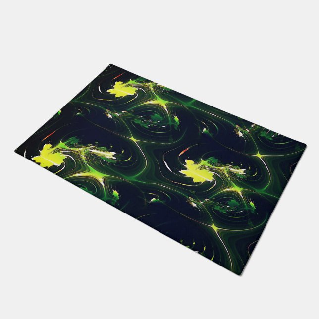 抽象芸術の金属の葉は派手な痕跡を持ち、暗い上に ドアマット (アングル)