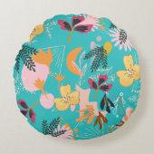 抽象芸術の青い花柄 ラウンドクッション (正面)