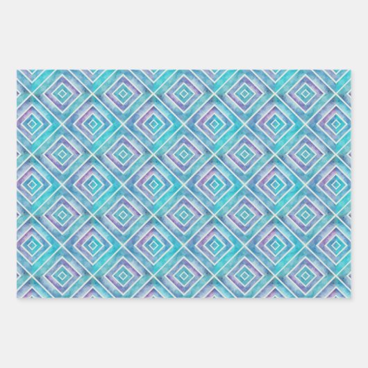 抽象芸術の青と紫の幾何学的な四角いタイル ラッピングペーパーシート (正面3)