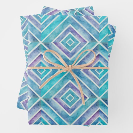 抽象芸術の青と紫の幾何学的な四角いタイル ラッピングペーパーシート (インサイチュ)