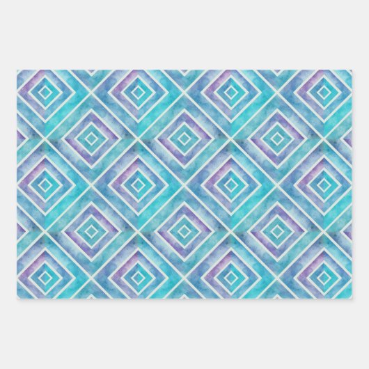抽象芸術の青と紫の幾何学的な四角いタイル ラッピングペーパーシート (正面)