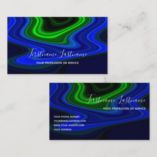 抽象芸術の鮮やかな青い線の緑の線書道 名刺 (正面/裏面)