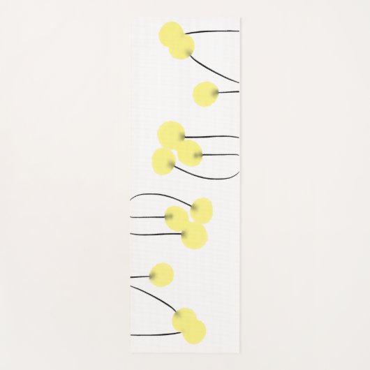 抽象芸術の黄色い花で、白い上に黒い茎がある ヨガマット (正面)