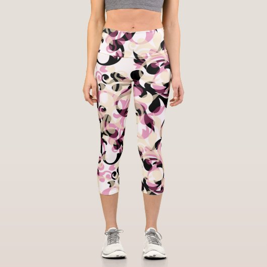 抽象芸術の黒いピンクの波 カプリレギンス (正面)