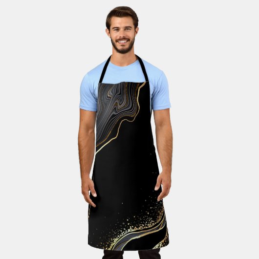 抽象芸術の黒い波状の背景に金の静脈が浮かんでいる エプロン (着用した状態)