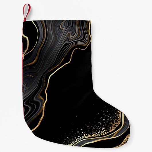 抽象芸術の黒い波状の背景に金の静脈が浮かんでいる スモールクリスマスストッキング (正面)