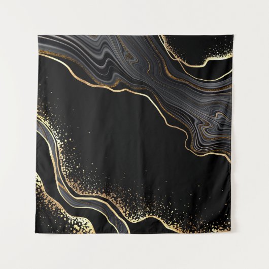 抽象芸術の黒い波状の背景に金の静脈が浮かんでいる タペストリー (正面(横))