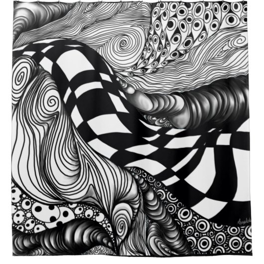 抽象芸術の黒線と白線絡 シャワーカーテン (正面)