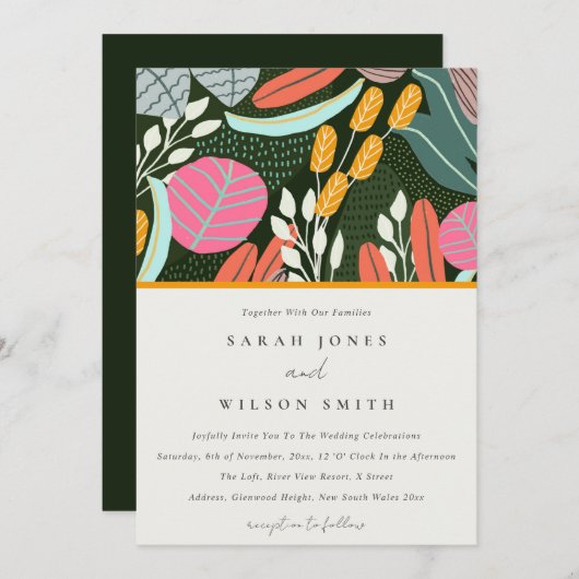 抽象芸術はっきりしたカラフルトロピカルボ結婚タニカル 招待状 (正面/裏面)