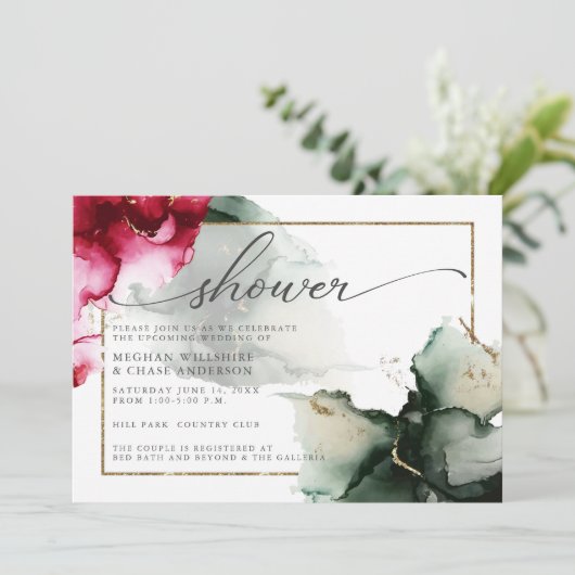 抽象芸術はっきりしたピンクとセージ緑の水色 招待状 (スタンド正面)