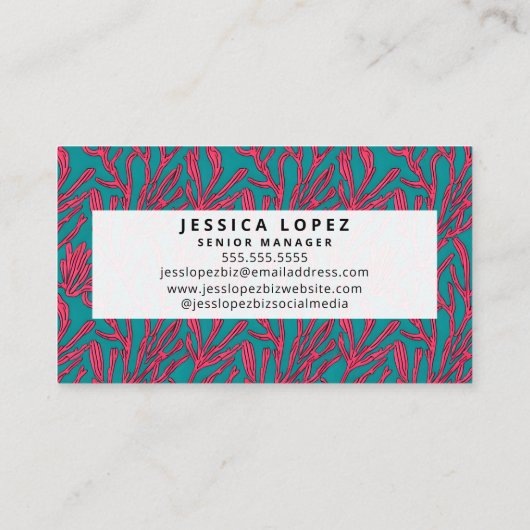 抽象芸術はっきりしたピンクとティール(緑がかった色)サンゴ模様 名刺 (裏面)