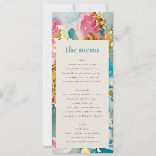 抽象芸術はっきりしたピンクブルーフローラ結婚のメニューカード 招待状 (正面)