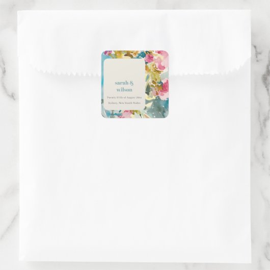 抽象芸術はっきりしたピンクブルーフローラ結婚ズ スクエアシール (バッグ)