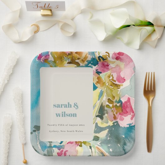 抽象芸術はっきりしたピンクブルーフローラ結婚ズ ペーパープレート (ウェディング)