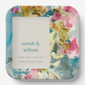 抽象芸術はっきりしたピンクブルーフローラ結婚ズ ペーパープレート (正面)