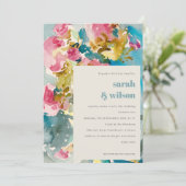 抽象芸術はっきりしたピンクブルーフローラ結婚ズ 招待状 (スタンド正面)