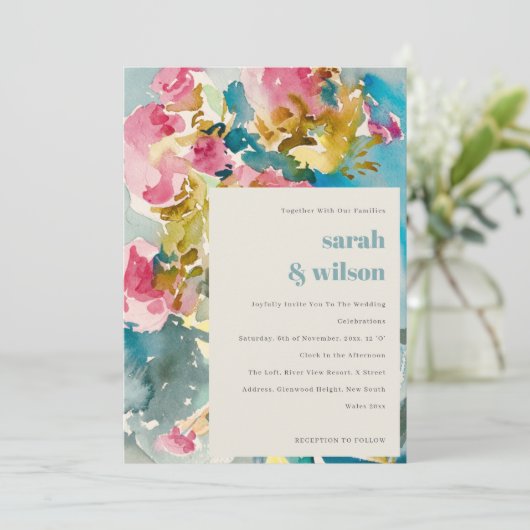 抽象芸術はっきりしたピンクブルーフローラ結婚ズ 招待状 (スタンド正面)