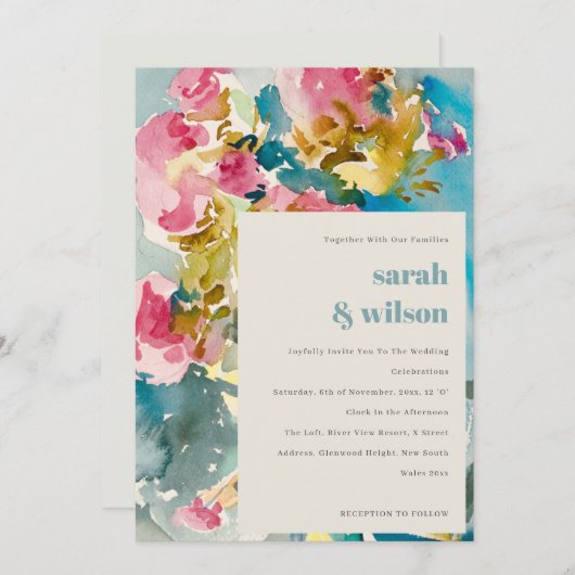 抽象芸術はっきりしたピンクブルーフローラ結婚ズ 招待状