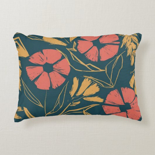 抽象芸術はっきりしたフローラ枕 – ティール(緑がかった色)、サンゴ、およびMus アクセントクッション (正面)