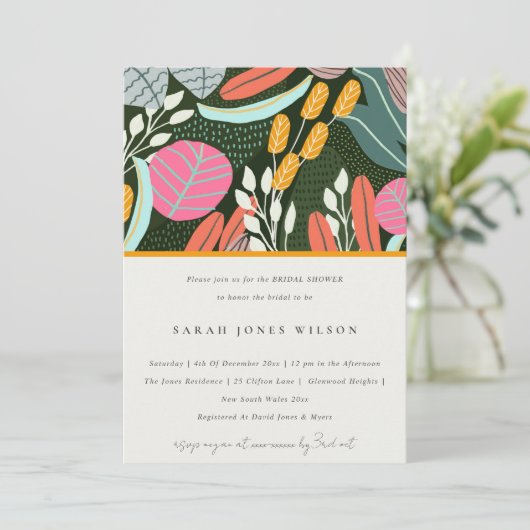 抽象芸術はっきりした熱帯植物性ブライダルシャワー 招待状 (スタンド正面)